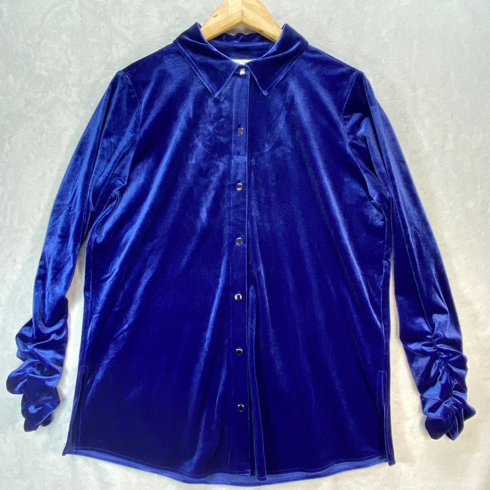Susan Graver Velvet Tunic‎ Top Ruched Sleeve Button Down Shirt Size M